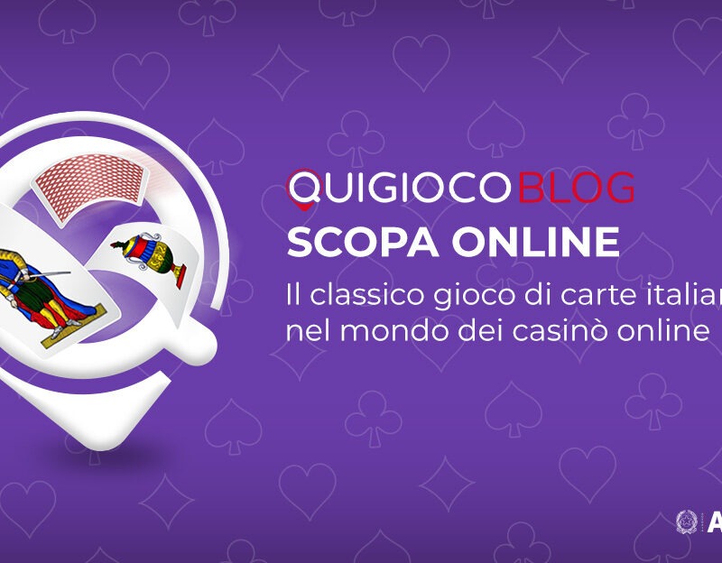 Gioco di carte Scopa con Re e asso di denara sul logo di quigioco con un sfondo viola e il marchio di ADM in basso a destra dell'immagine