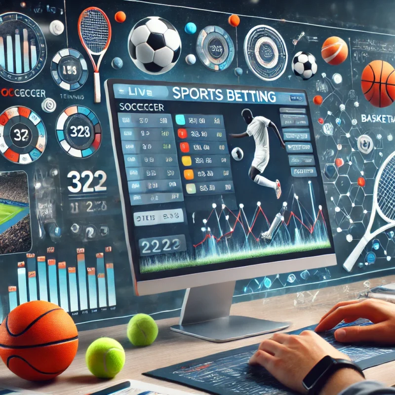 Un'immagine orizzontale che mostra una scena di scommesse sportive, con un focus su calcio, tennis e basket. Un computer visualizza una piattaforma di scommesse con quote live e opzioni di scommesse per vari sport. in evidenza uno dei migliori tipster