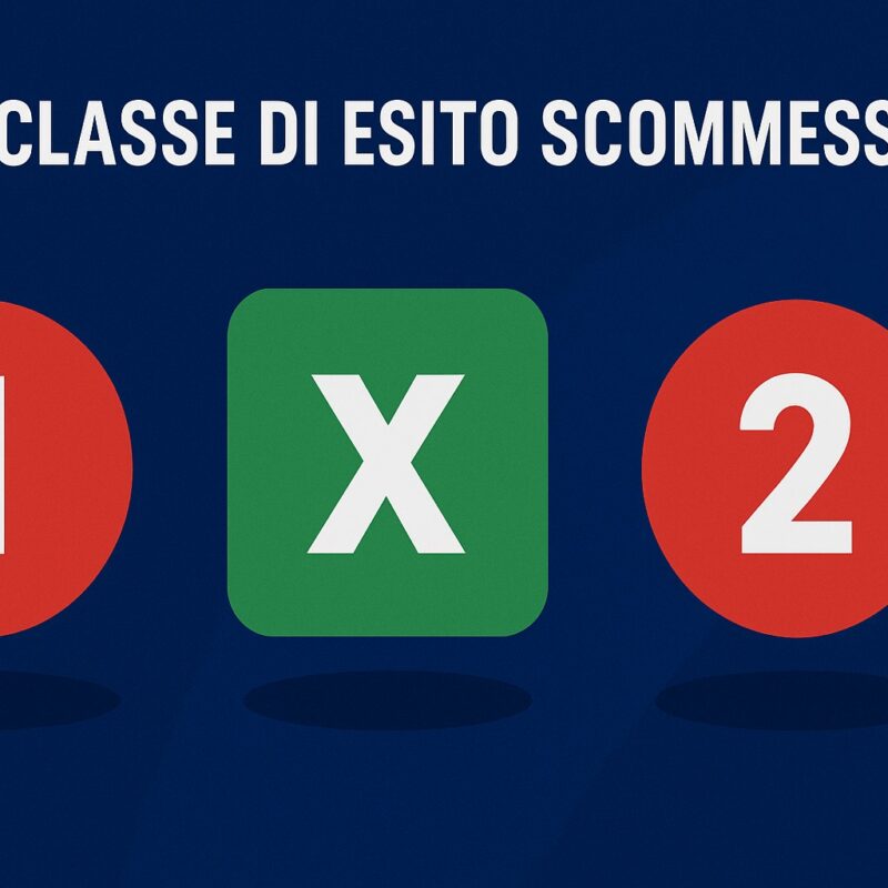 Grafica digitale 2D con icone delle scommesse 1X2 su sfondo blu: cerchio rosso con "1", quadrato verde con "X" e cerchio rosso con "2"