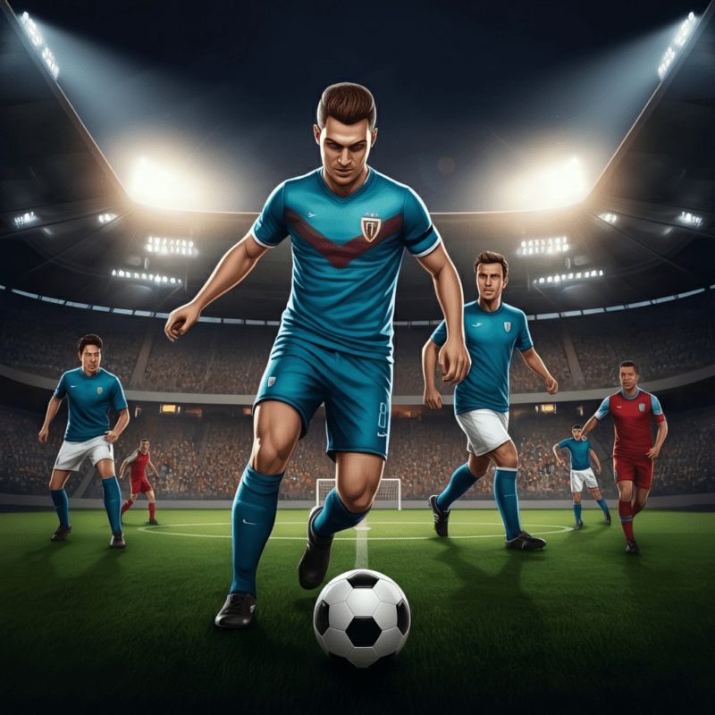 Giocatori di calcio stilizzati in azione su un campo durante una partita di Champions League, con uno stadio illuminato sullo sfondo
