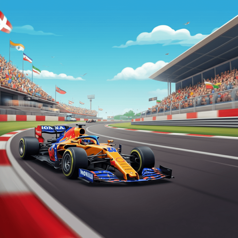 Illustrazione in stile cartoon di una pista F1 con auto da corsa sfreccianti, curve colorate e tribune gremite di tifosi.