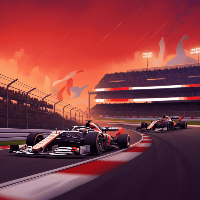 Gara di Formula 1 stilizzata con auto da corsa sfreccianti su una pista curva, tribune gremite di spettatori festanti e bandiere colorate che sventolano, catturando l'energia e l'adrenalina della competizione.