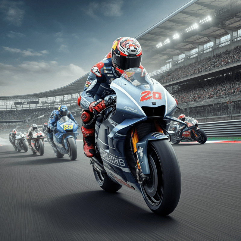 Motociclisti in azione su una pista moderna durante una gara di Moto GP, con tribune gremite di spettatori e velocità mozzafiato.