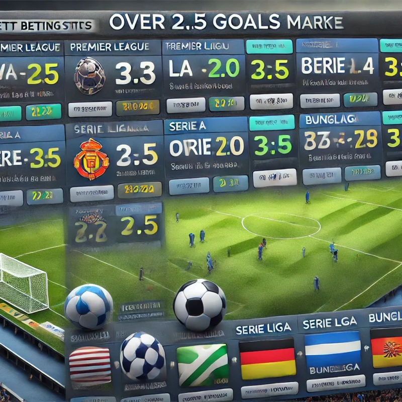 Un'immagine realistica di una schedina di scommesse calcistiche con il mercato Over 2.5. La grafica mostra diverse schedine con partite di campionati come Premier League, La Liga, Serie A e Bundesliga, includendo dettagli sugli eventi, quote e potenziali vincite. Il design è simile a un'interfaccia di piattaforma di scommesse online, con testi chiari e numeri ben visibili.