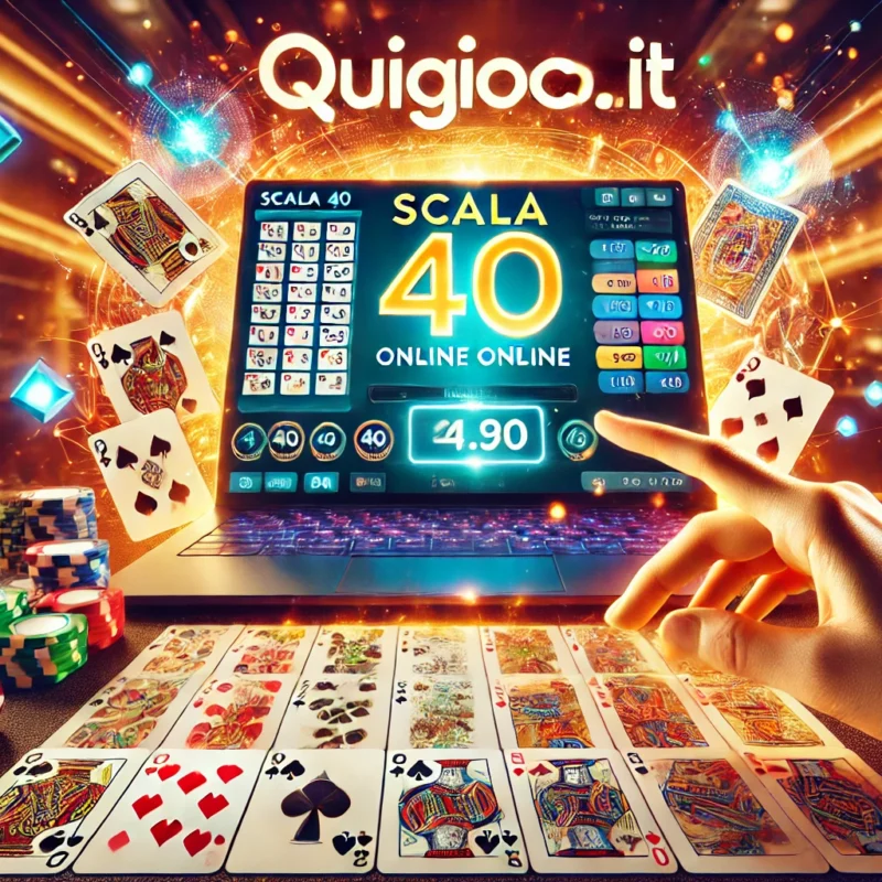 Un'illustrazione digitale raffigurante una partita di Scala 40 online su Quigioco.it. Sul tavolo da gioco di scala 40 online compaiono carte disposte in combinazioni vincenti, mentre su un laptop è visibile l’interfaccia del sito. Le mani di un giocatore strategizzano la prossima mossa. Lo sfondo richiama l’atmosfera di un casinò online, con luci vibranti ed effetti luminosi.