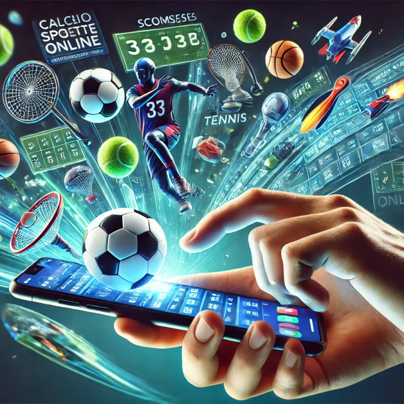 Smartphone con schermata di scommesse online, circondato da icone sportive e una schedina virtuale con quote elevate.