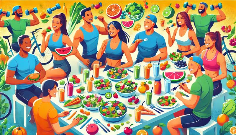 Sport Alimentazione: Un gruppo di atleti, tra cui un corridore, un ciclista e un nuotatore, seduti a un tavolo mentre mangiano pasti sani come insalate, frutta, proteine magre e frullati, sorridendo e conversando in un ambiente luminoso e accogliente.