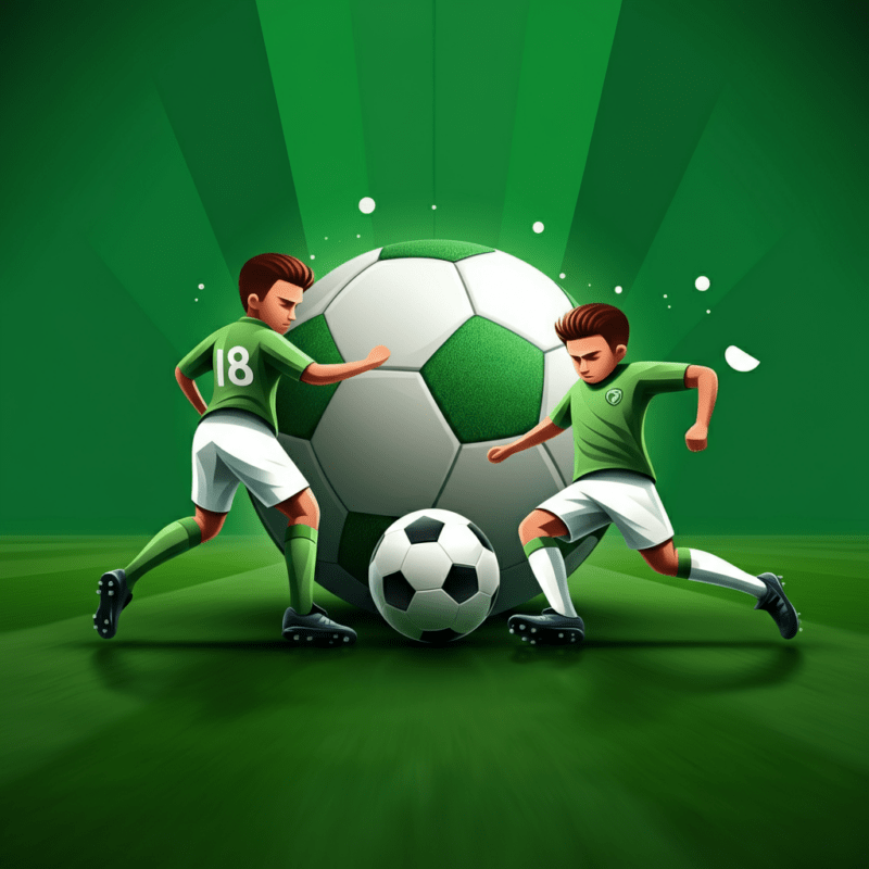 Illustrazione stilizzata di un pallone da calcio al centro di un campo, circondato da figure di calciatori in azione su uno sfondo astratto con linee moderne e colori vivaci.