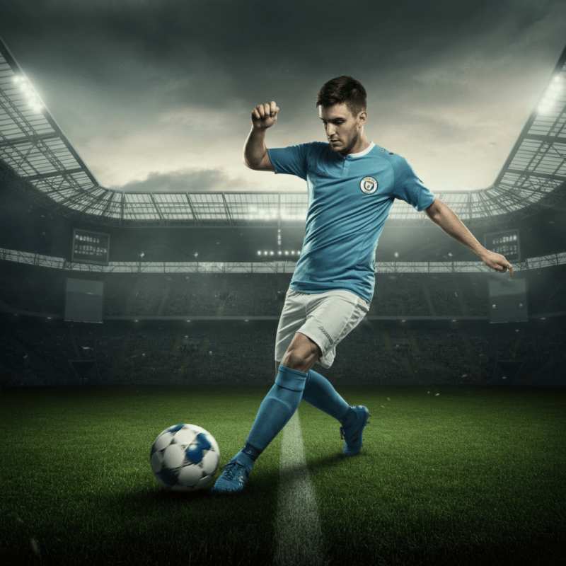 Calciatore con maglia azzurra semplice, pantaloncini bianchi e calzini azzurri, che calcia un pallone in uno stadio gremito con un'atmosfera vivace