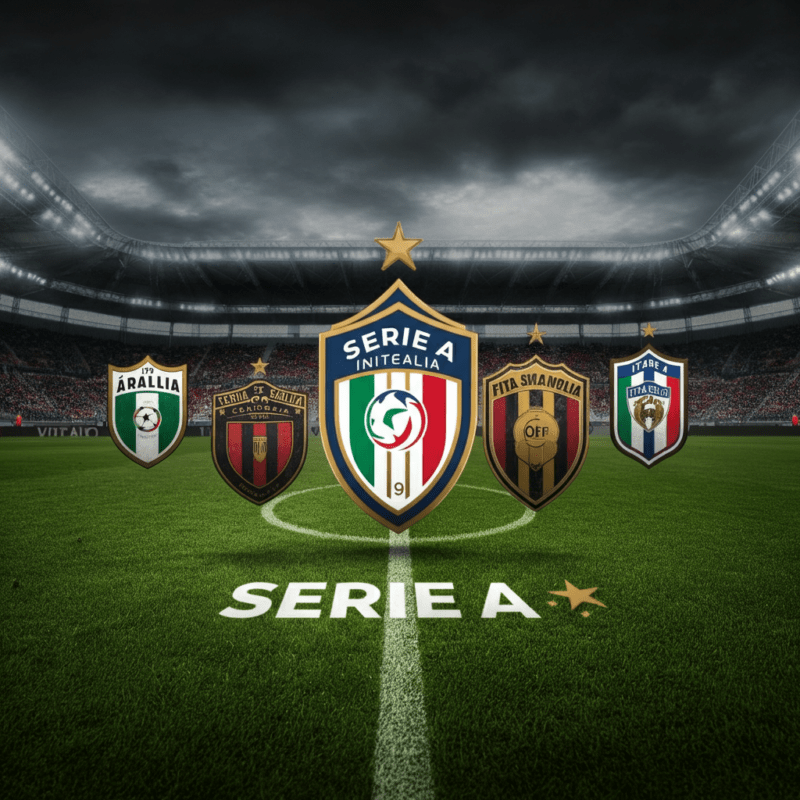 Gagliardetti delle squadre di Serie A attorno a un campo da calcio con una partita in corso.