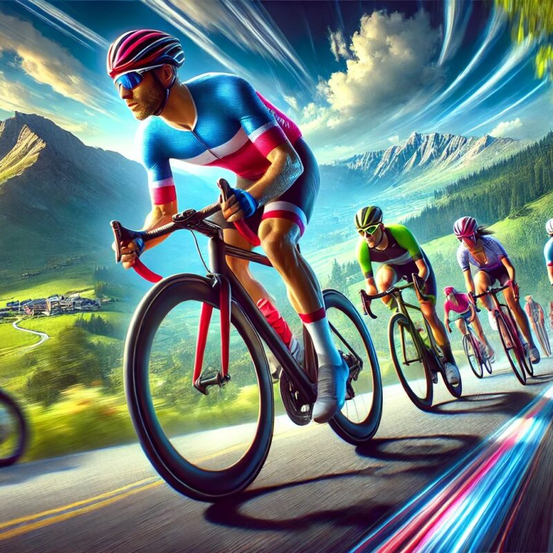 Ciclisti uomini e donne gareggiano insieme in una competizione di ciclismo su strada attraverso un paesaggio montuoso. Indossano caschi aerodinamici e colorate maglie da squadra, mentre pedalano con determinazione lungo una strada circondata da spettatori festanti.