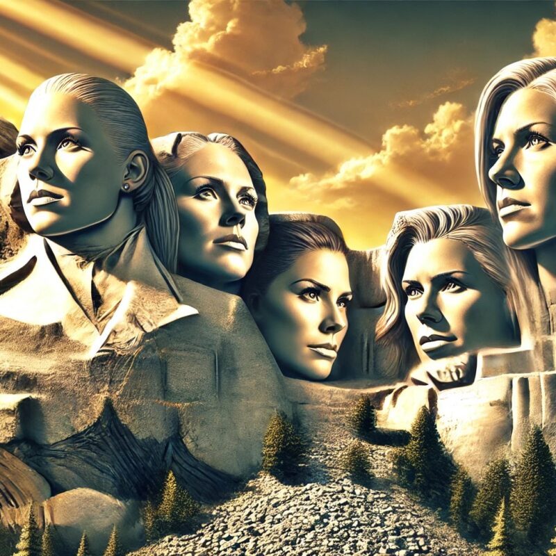 Un'immagine digitalmente creata di una versione alternativa del Monte Rushmore, con volti di donne scolpiti nella roccia invece dei tradizionali presidenti degli Stati Uniti. Il cielo è dorato con raggi di sole che illuminano le sculture, creando un effetto maestoso e surreale.