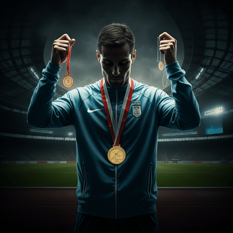 Atleta in ombra con medaglia e siringa.