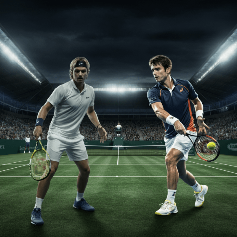 Due tennisti di spalle in azione durante uno scambio di tennis in uno stadio gremito. Uno ha capelli scuri e corti, richiamando Rafael Nadal, mentre l'altro ha capelli castani e un portamento elegante, somigliando a Roger Federer.