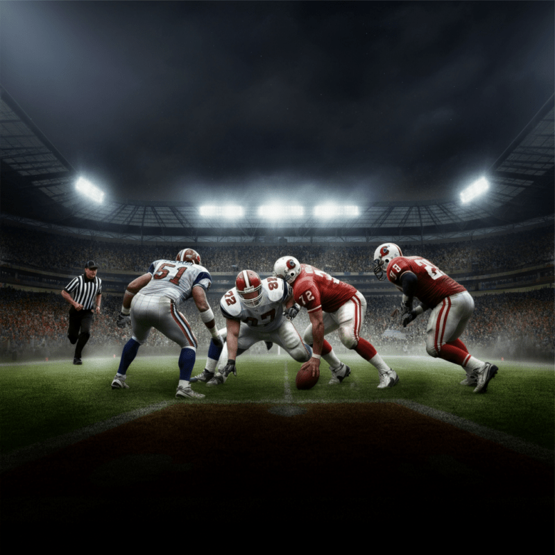Campo da football americano con giocatori in azione.