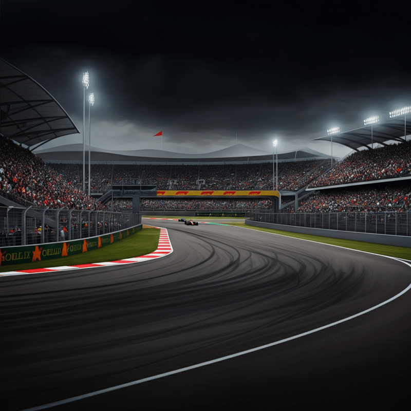 Vista dall'alto di una pista da Formula 1, caratterizzata da curve strette, rettilinei, e tribune gremite di spettatori. Alcune auto da corsa sono in movimento, evidenziando l'azione e l'entusiasmo della gara.