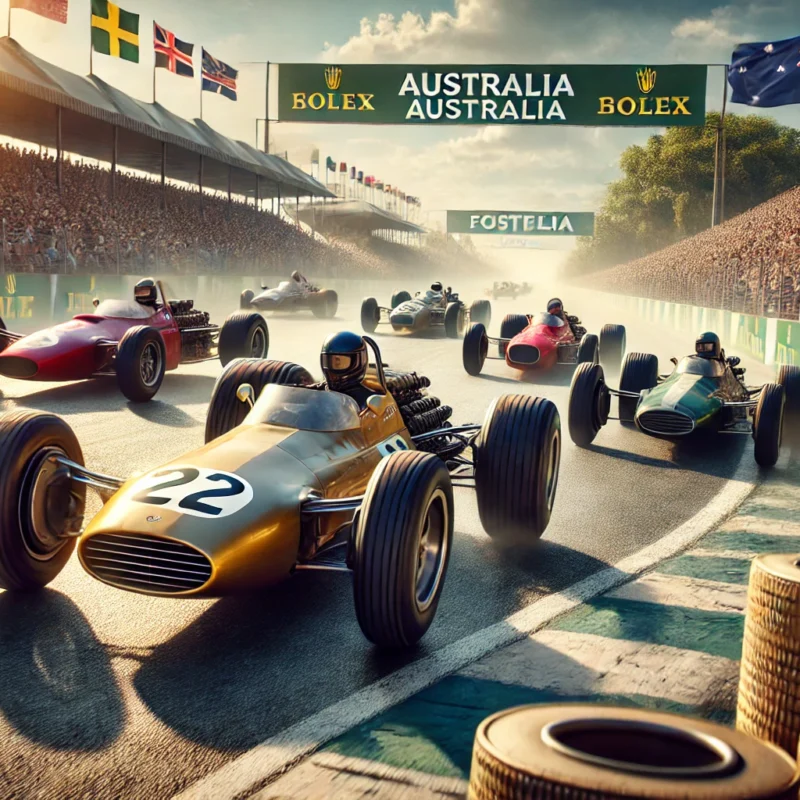 Vintage auto da corsa sfrecciano su un circuito in Australia durante la prima gara di Formula 1, con spettatori entusiasti e bandiere sventolanti lungo la pista sotto un cielo sereno