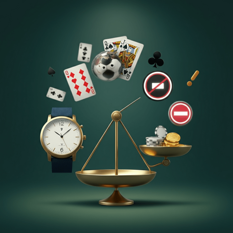 Una bilancia simbolica che rappresenta il gioco responsabile, con un lato dedicato al divertimento (carte da gioco, fiches, sorriso) e l'altro al controllo (orologio, limite di budget, segnale di stop), su uno sfondo luminoso e accogliente.