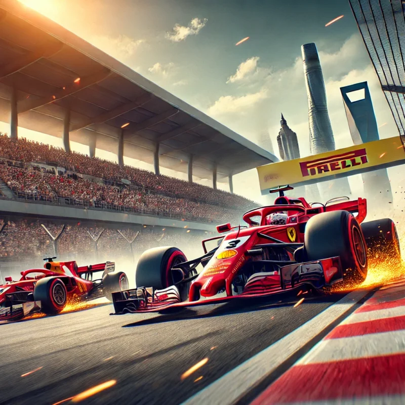 Un'illustrazione dinamica di una gara di Formula 1 sul circuito di Shanghai, con una Ferrari e una Red Bull impegnate in un sorpasso ad alta velocità. Sullo sfondo, una tribuna piena di tifosi e lo skyline di Shanghai.