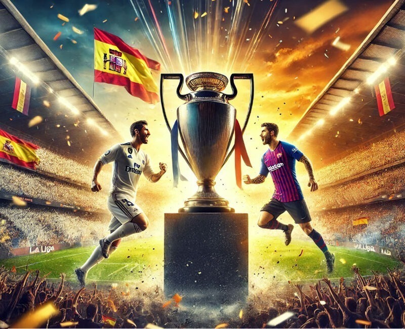 Un'illustrazione digitale orizzontale della Lega Spagnola che raffigura una sfida emozionante tra giocatori del Real Madrid e del Barcellona in uno stadio gremito. Il trofeo della Liga brilla in primo piano, mentre i tifosi sventolano bandiere spagnole tra luci e coriandoli.