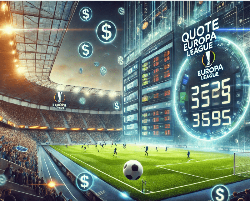 Illustrazione digitale di uno stadio illuminato con tabellone delle quote Europa League, tifosi esultanti e una partita in corso.