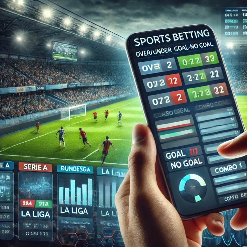Scena di scommesse sportive sul calcio con un'interfaccia digitale che mostra opzioni di scommessa come Over/Under, Goal/No Goal e Combo bets, insieme alle statistiche delle partite in tempo reale.