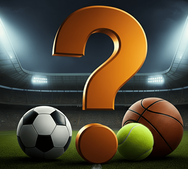 Grande punto interrogativo stilizzato affiancato da una palla da calcio, una palla da tennis e una palla da basket, posizionati su uno sfondo di stadio illuminato durante la notte con colori vivaci e dettagli ben definiti in rappresenza del mondo delle scommesse sportive