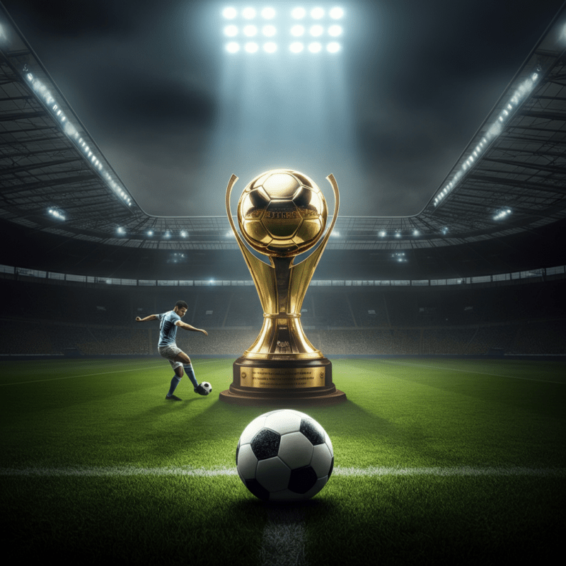 Un pallone da calcio al centro di un campo in uno stadio illuminato, con un giocatore che calcia e un trofeo dorato sullo sfondo. Immagine che si riferisce alla serie a
