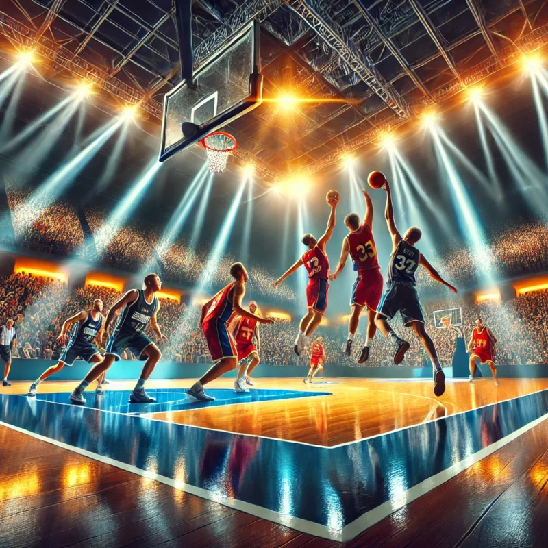 Partita di Serie A di basket in un'arena gremita, con un giocatore che esegue una schiacciata spettacolare mentre i difensori cercano di fermarlo.
