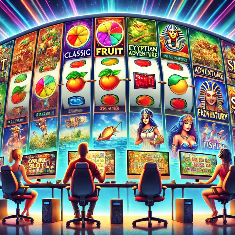 Illustrazione digitale di slot machine online famose con vari temi, come frutta, avventura egiziana, fantasy e pesca, visualizzate su schermi di computer. Persone entusiaste giocano dai loro PC in una stanza moderna con luci al neon.