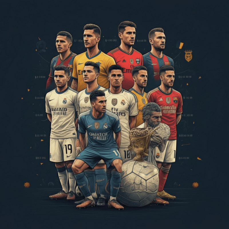 Un grafico orizzontale che rappresenta i calciatori più pagati al mondo, con figure anonime posizionate in base ai loro stipendi annuali, accompagnato da elementi visivi come palloni, stadi e trofei.