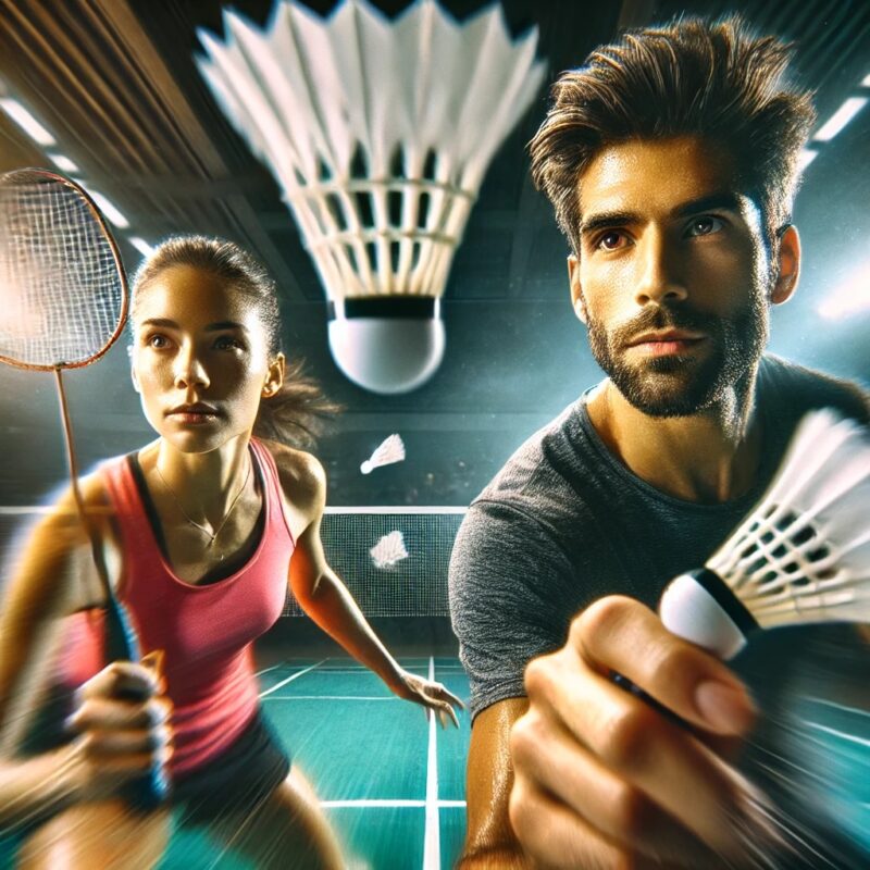 Squadra mista di badminton in un torneo indoor: un uomo e una donna si sfidano in un'azione dinamica, con il pubblico che esulta sullo sfondo.