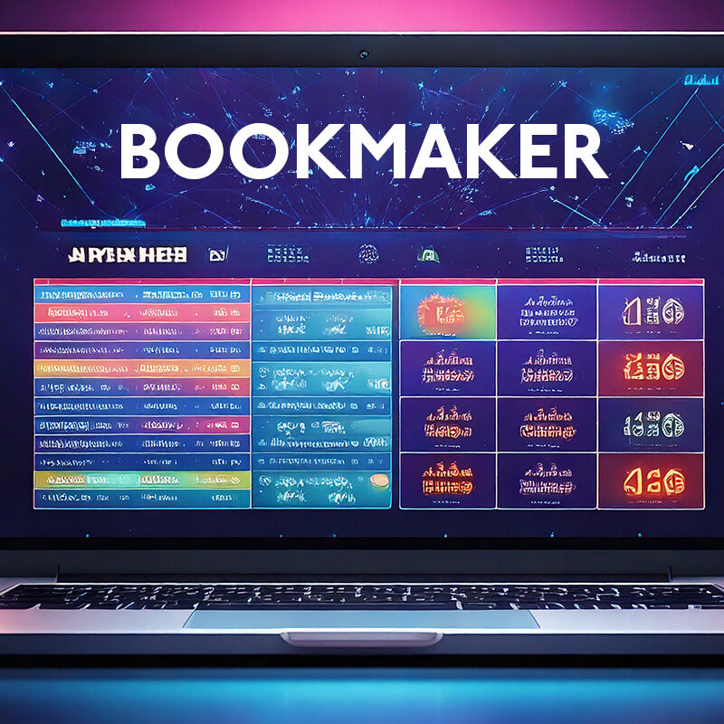 Bookmaker e Quote Laptop aperto con schermata di scommesse sportive che mostra quote e partite in una grafica minimalista.
