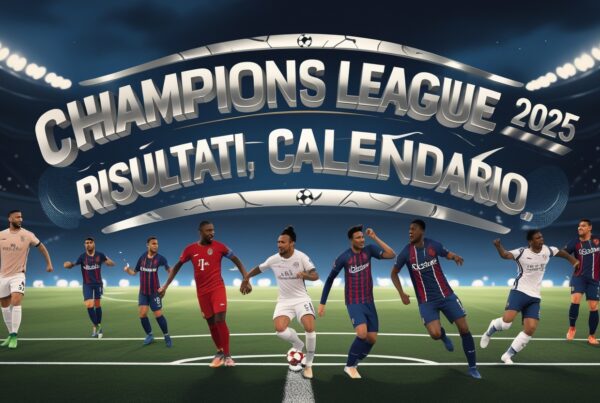 Un'immagine di un poster promozionale della Champions League 2025, che raffigura uno stadio notturno illuminato da luci brillanti. Un gruppo di calciatori in pose dinamiche è disposto su un campo verde, indossando maglie di diverse squadre con loghi visibili. Nella parte superiore, un testo in grassetto e metallico riporta "CHAMPIONS LEAGUE 2025" con "Risultati, Calendario" subito sotto, enfatizzando l'energia e lo spirito competitivo del campionato