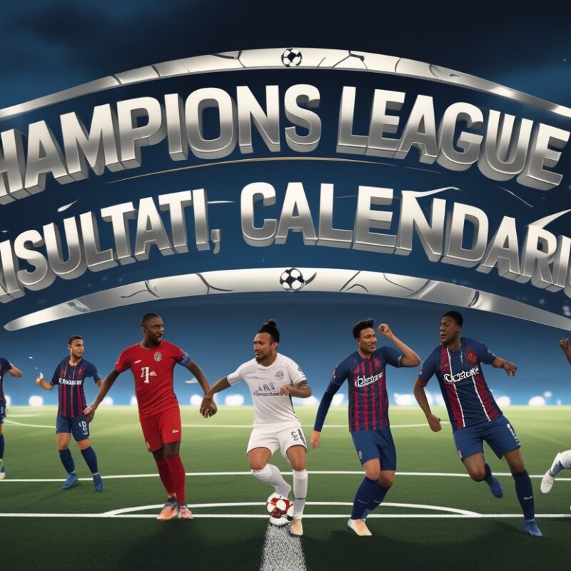 Un'immagine di un poster promozionale della Champions League 2025, che raffigura uno stadio notturno illuminato da luci brillanti. Un gruppo di calciatori in pose dinamiche è disposto su un campo verde, indossando maglie di diverse squadre con loghi visibili. Nella parte superiore, un testo in grassetto e metallico riporta "CHAMPIONS LEAGUE 2025" con "Risultati, Calendario" subito sotto, enfatizzando l'energia e lo spirito competitivo del campionato