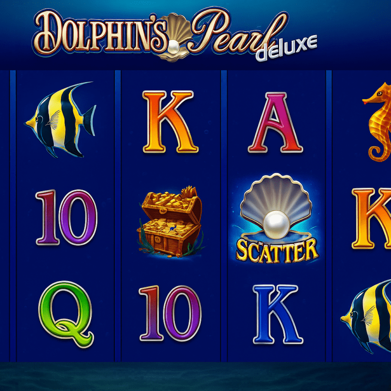 Interfaccia di gioco della slot machine Dolphin's Pearl Deluxe ambientata sott'acqua, con simboli colorati come delfini, cavallucci marini e perle.