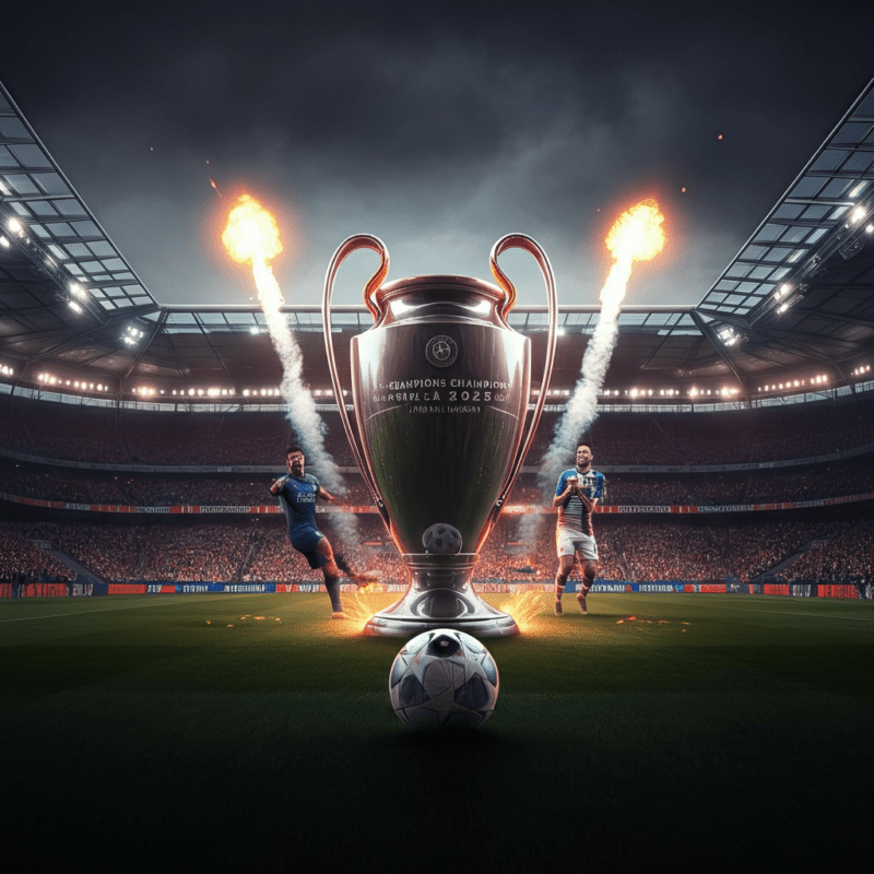 Finale di Champions League 2025 in uno stadio moderno illuminato, con tifosi entusiasti sugli spalti, due squadre in azione al centro del campo e fuochi d'artificio che illuminano il cielo sopra lo stadio.