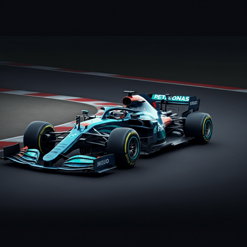 Una vettura di Formula 1 moderna senza loghi, su un circuito di gara, con dettagli come l'ala anteriore, il sistema Halo e pneumatici slick, che sfreccia in un contesto dinamico e tecnologico.