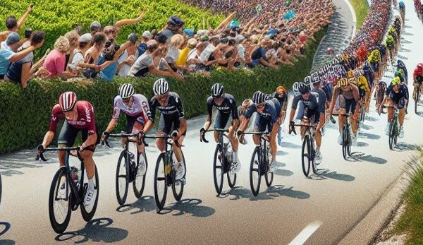 Gruppo di ciclisti incitato dal pubblico a bordo strada in rappresentazione del Giro d'Italia