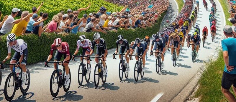 Gruppo di ciclisti incitato dal pubblico a bordo strada in rappresentazione del Giro d'Italia