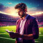 Money Management Coach su un campo da calcio con taccuino in mano che annota statistiche, simbolo di strategia e gestione nel betting sportivo.