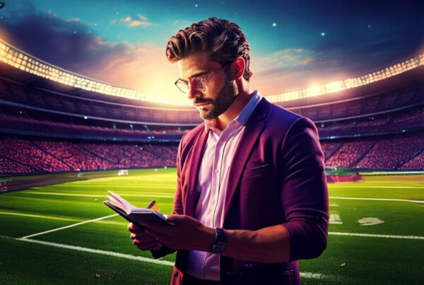 Money Management Coach su un campo da calcio con taccuino in mano che annota statistiche, simbolo di strategia e gestione nel betting sportivo.