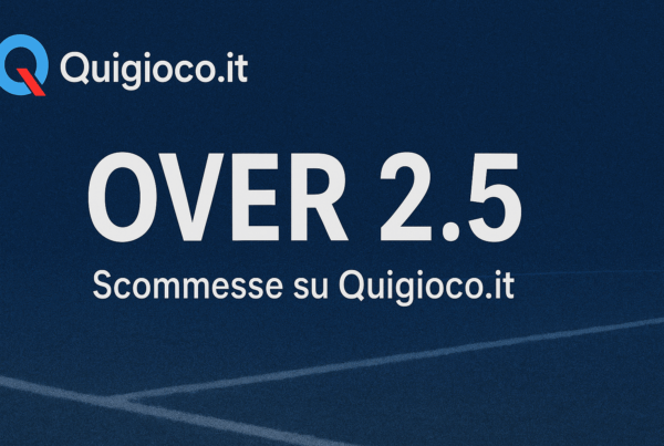 Grafica promozionale Over 2.5 significato di Quigioco.it con la scritta "OVER 2.5 – Scommesse su Quigioco.it" su sfondo blu scuro a tema campo da calcio, con il logo ufficiale in alto a sinistra. over 2.5 significato