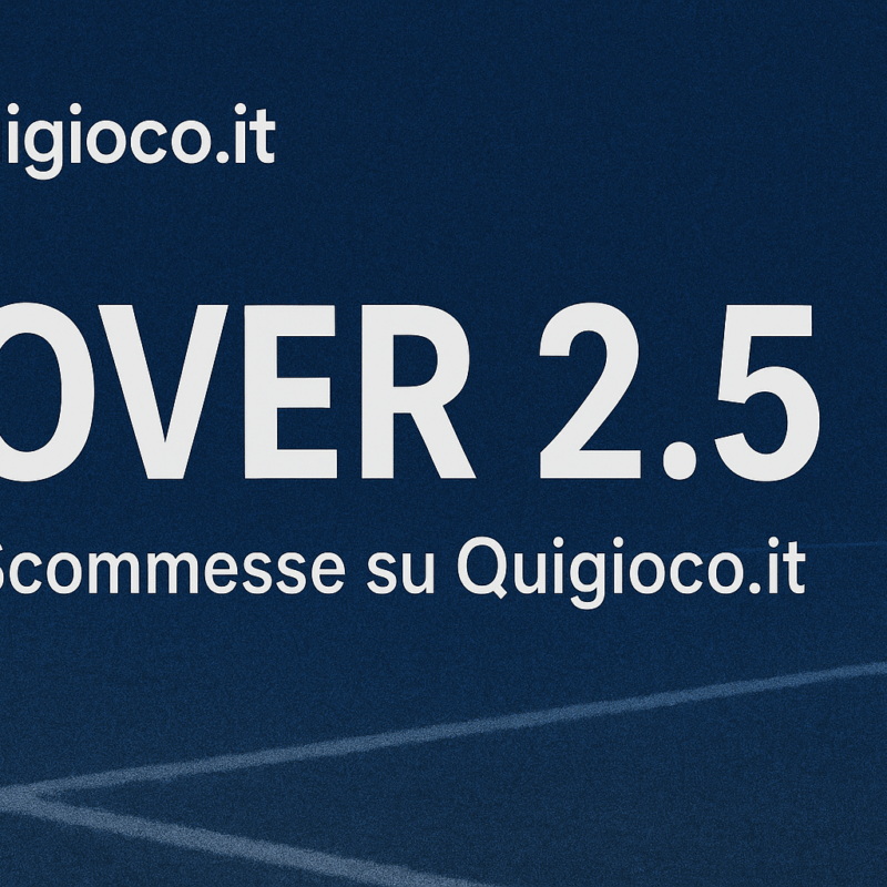 Grafica promozionale Over 2.5 significato di Quigioco.it con la scritta "OVER 2.5 – Scommesse su Quigioco.it" su sfondo blu scuro a tema campo da calcio, con il logo ufficiale in alto a sinistra. over 2.5 significato