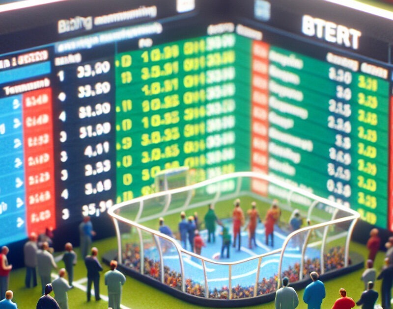Tabellone digitale di quote scommesse sportive con miniature di persone e campo da calcio, rappresentazione concettuale del mondo del betting.