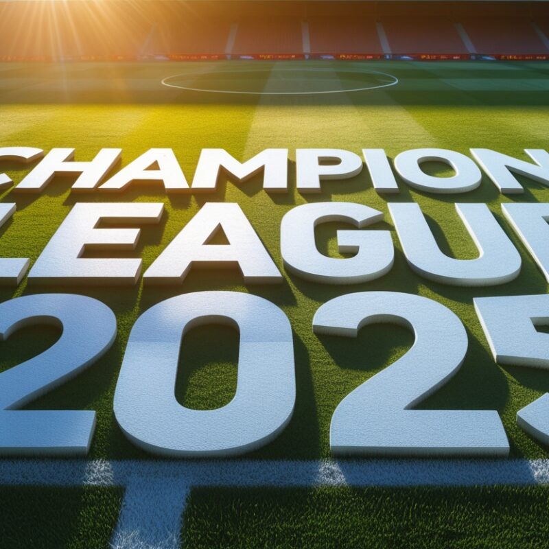Testo tridimensionale 'Champions League 2025' su un campo da calcio con luce solare.