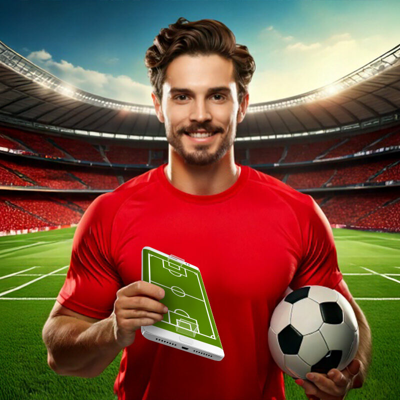 Uomo con maglietta rossa su un campo da calcio, con in mano una un cellulare a forma di campo di calcio e un pallone, simbolo della strategia di stake nelle scommesse sportive.