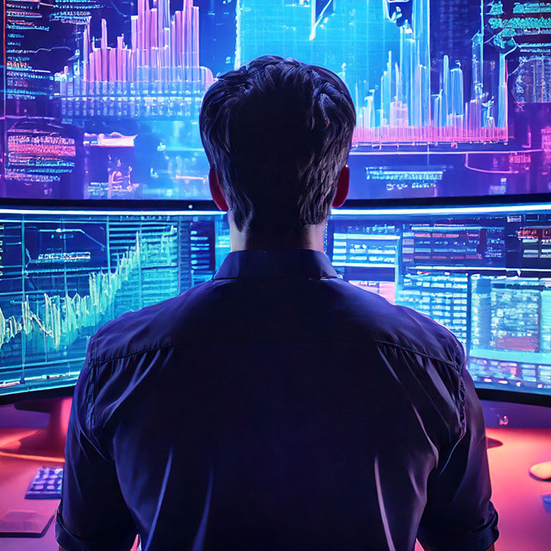 Uomo di spalle al computer che consulta un sito di scommesse sportive, circondato da calcoli, grafici e formule in stile digitale.