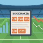 Value Bet Schedina da scommesse al centro di un campo da calcio con grafici statistici e frecce rosse e verdi a rappresentare l’andamento delle quote.