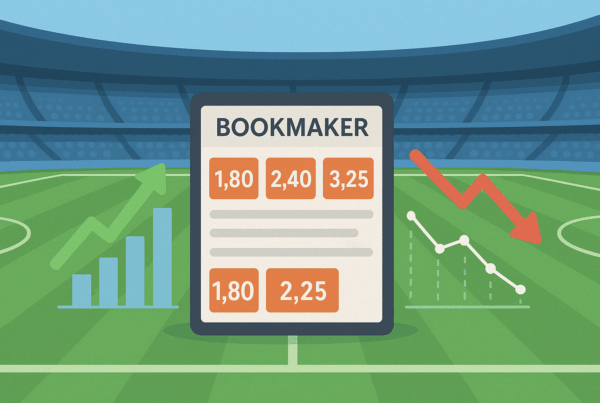 Value Bet Schedina da scommesse al centro di un campo da calcio con grafici statistici e frecce rosse e verdi a rappresentare l’andamento delle quote.